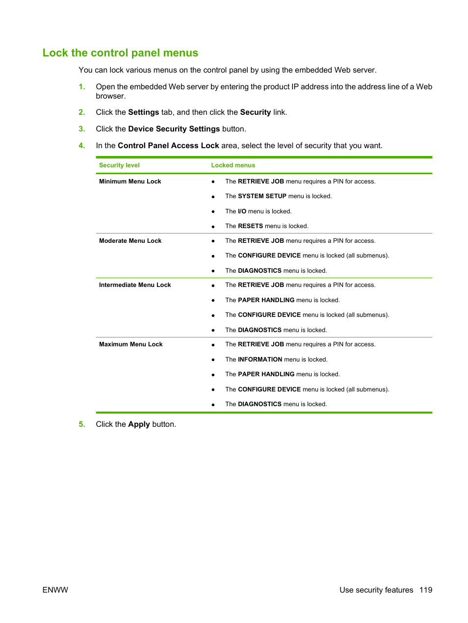 Lock the control panel menus | HP Laserjet p3015 User Manual | Page 131 / 246