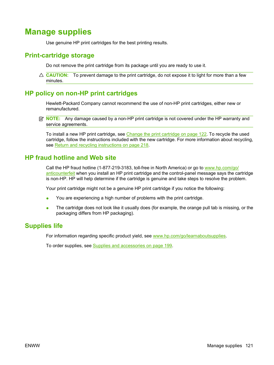 Manage supplies, Print-cartridge storage, Hp policy on non-hp print cartridges | Hp fraud hotline and web site, Supplies life | HP Laserjet p3015 User Manual | Page 133 / 246