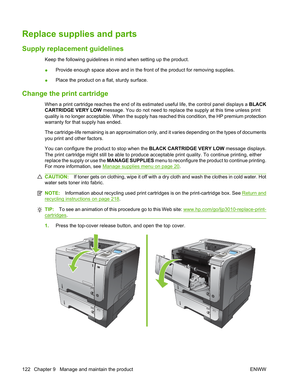 Replace supplies and parts, Supply replacement guidelines, Change the print cartridge | HP Laserjet p3015 User Manual | Page 134 / 246