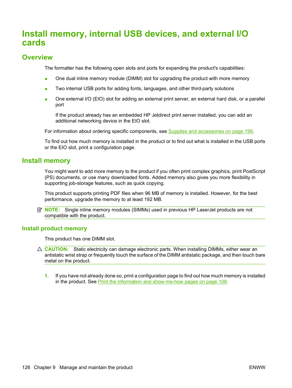 Overview, Install memory, Install product memory | Overview install memory | HP Laserjet p3015 User Manual | Page 138 / 246