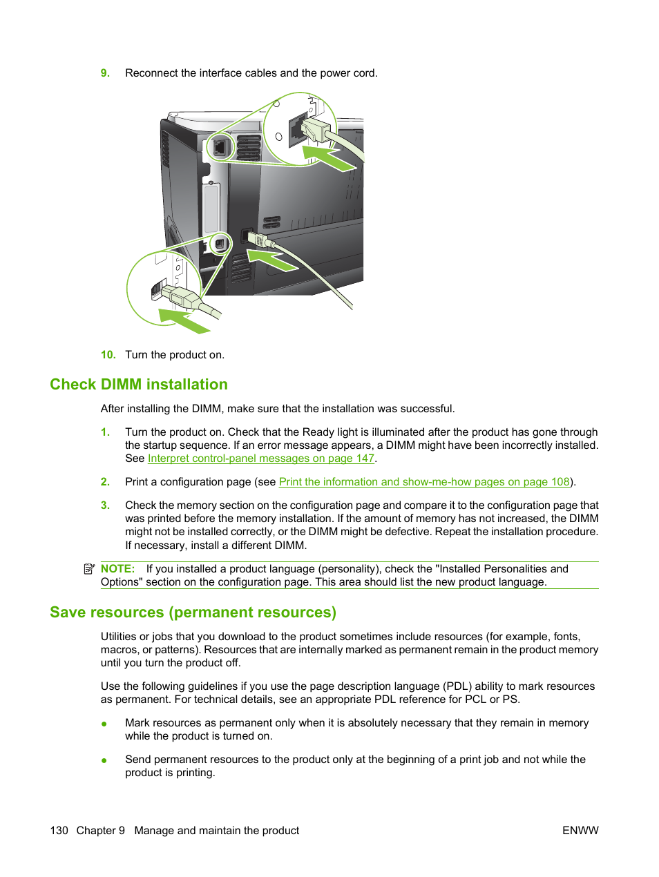 Check dimm installation, Save resources (permanent resources) | HP Laserjet p3015 User Manual | Page 142 / 246