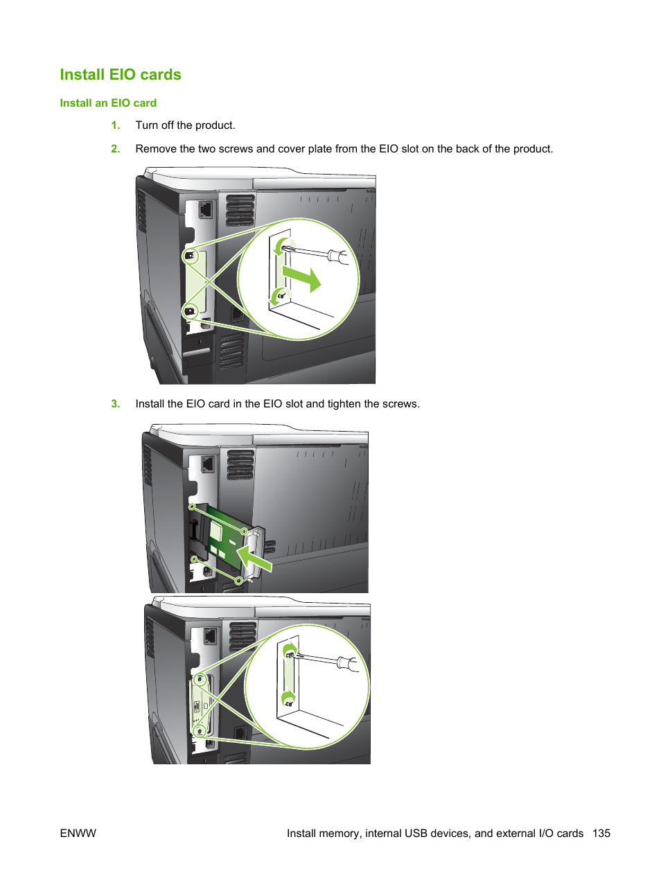 Install eio cards | HP Laserjet p3015 User Manual | Page 147 / 246