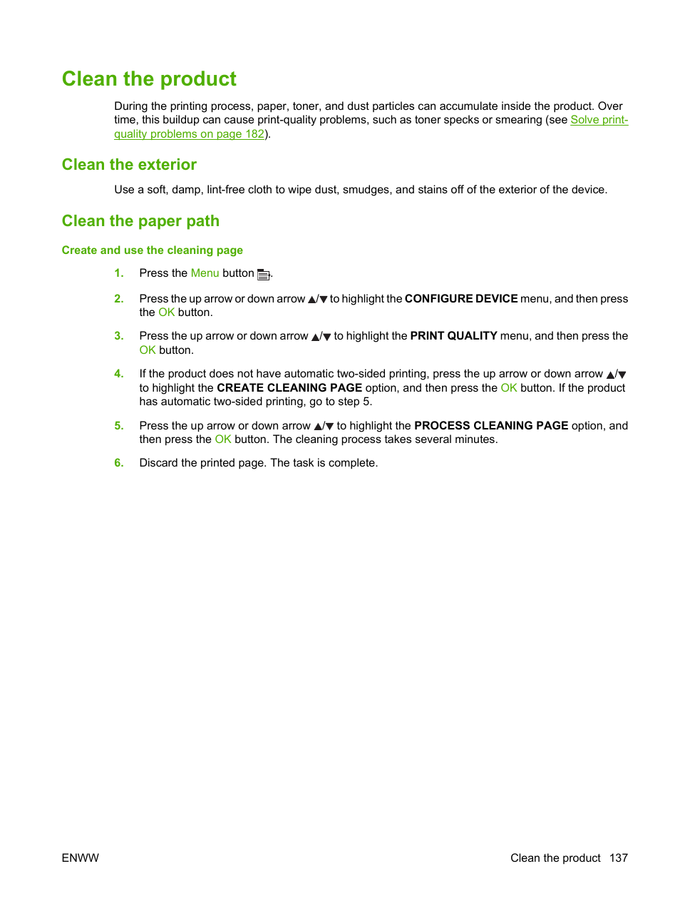 Clean the product, Clean the exterior, Clean the paper path | Clean the exterior clean the paper path | HP Laserjet p3015 User Manual | Page 149 / 246