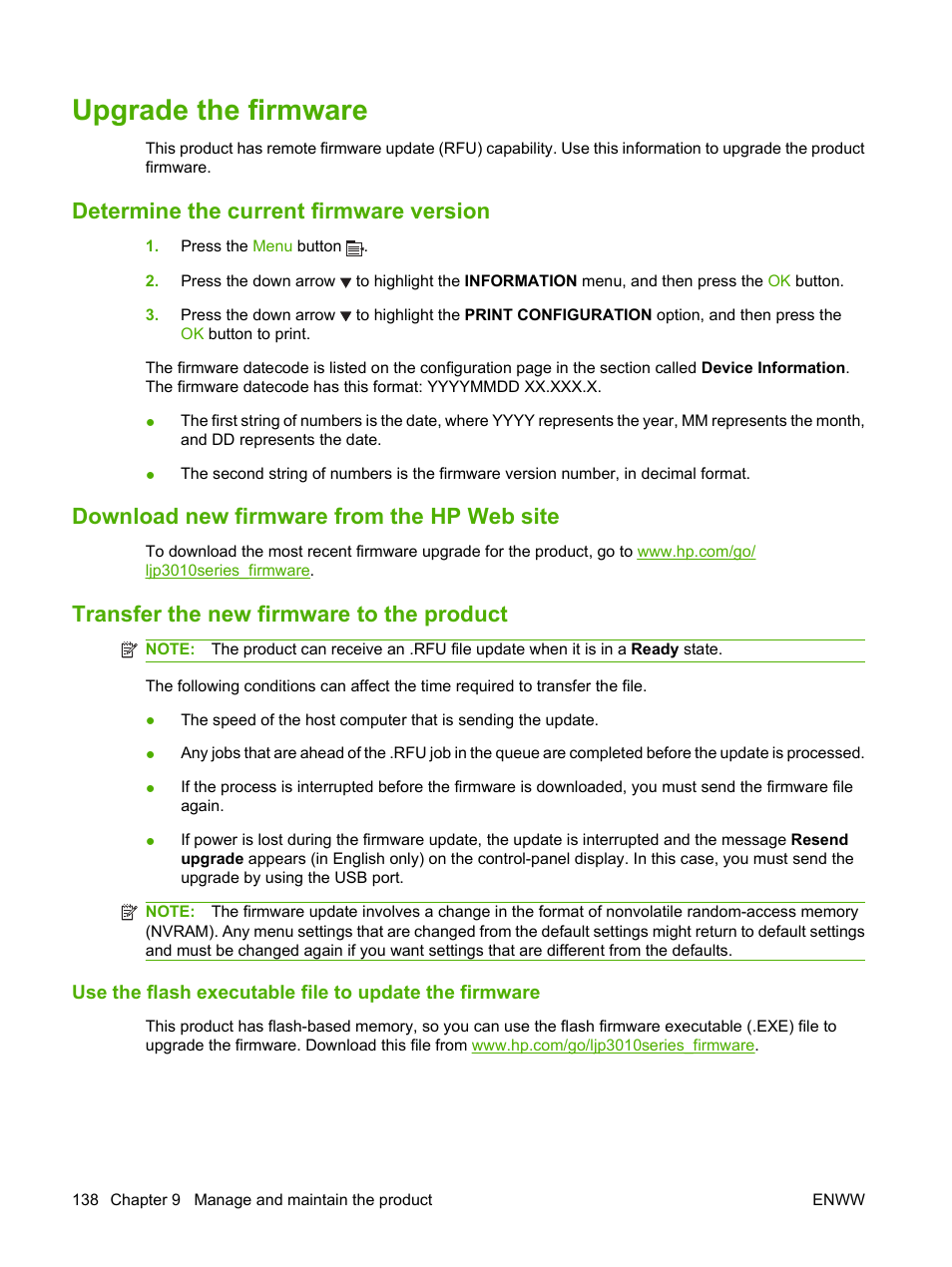 Upgrade the firmware, Determine the current firmware version, Download new firmware from the hp web site | Transfer the new firmware to the product | HP Laserjet p3015 User Manual | Page 150 / 246