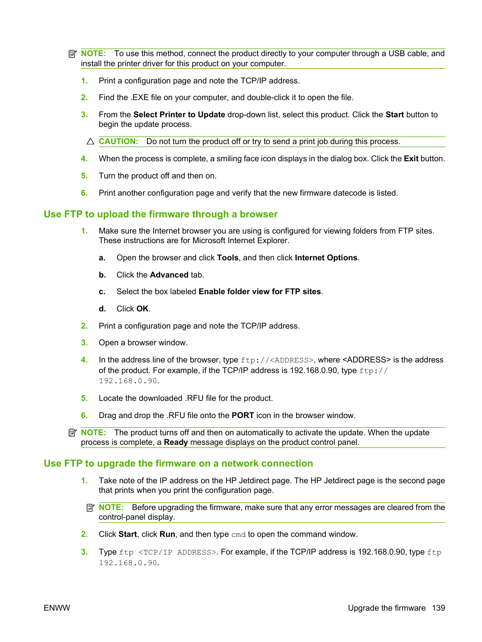 Use ftp to upload the firmware through a browser | HP Laserjet p3015 User Manual | Page 151 / 246