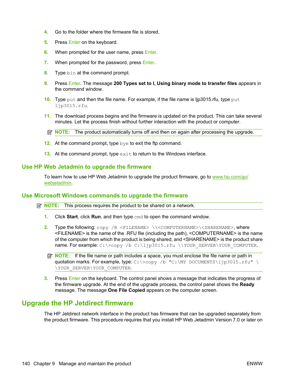 Use hp web jetadmin to upgrade the firmware, Upgrade the hp jetdirect firmware | HP Laserjet p3015 User Manual | Page 152 / 246