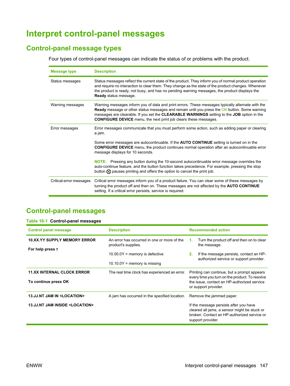 Interpret control-panel messages, Control-panel message types, Control-panel messages | Control-panel message types control-panel messages | HP Laserjet p3015 User Manual | Page 159 / 246