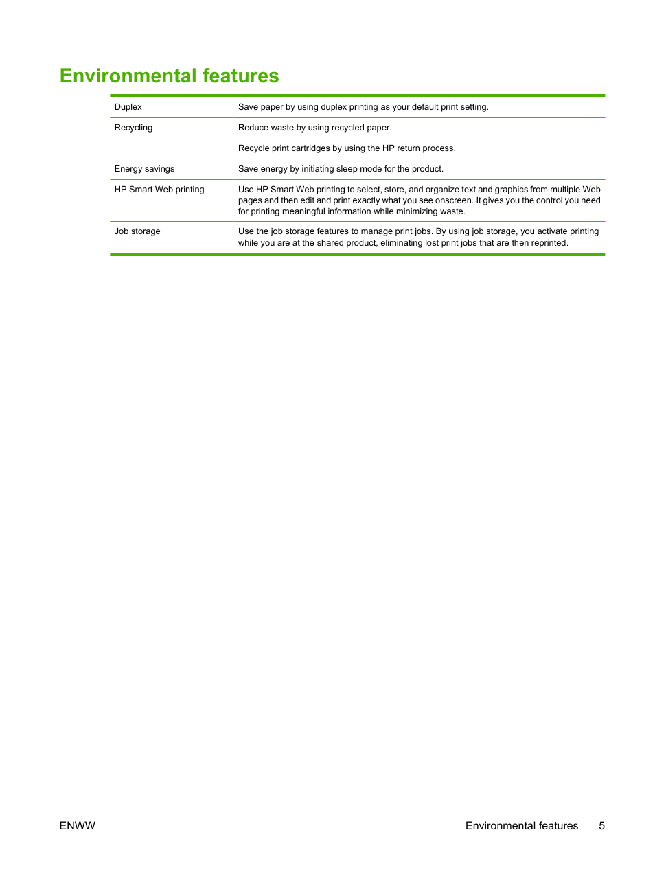 Environmental features | HP Laserjet p3015 User Manual | Page 17 / 246