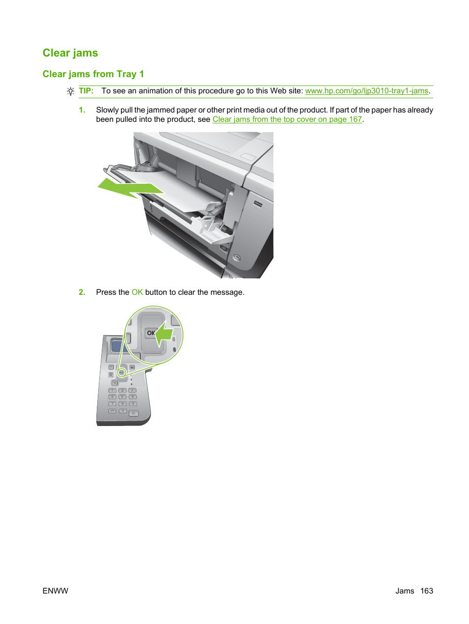 Clear jams, Clear jams from tray 1 | HP Laserjet p3015 User Manual | Page 175 / 246