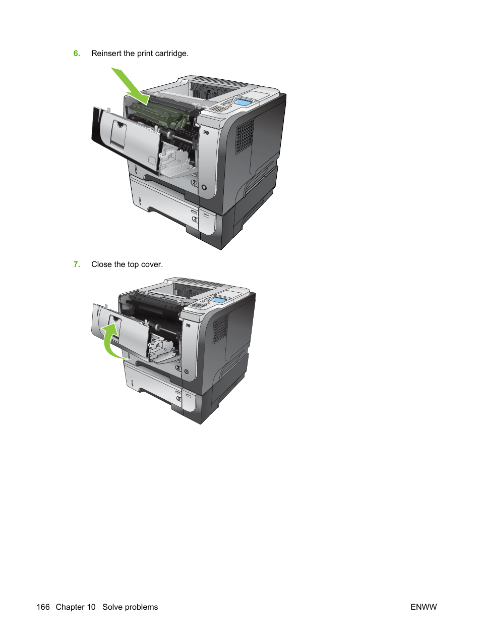 Reinsert the print cartridge, Close the top cover | HP Laserjet p3015 User Manual | Page 178 / 246