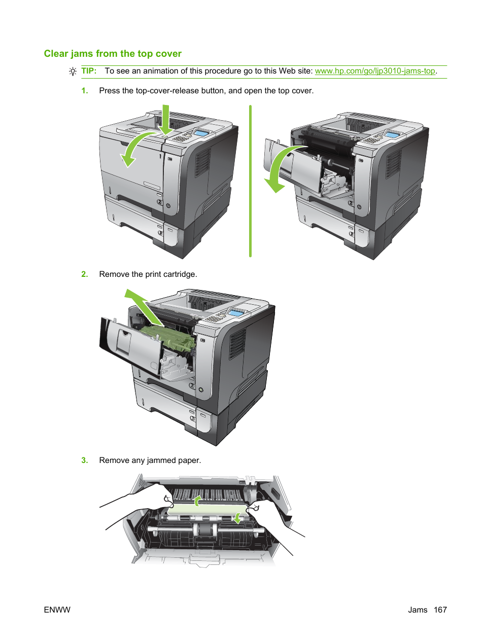 Clear jams from the top cover, Remove the print cartridge, Remove any jammed paper. enww jams 167 | HP Laserjet p3015 User Manual | Page 179 / 246