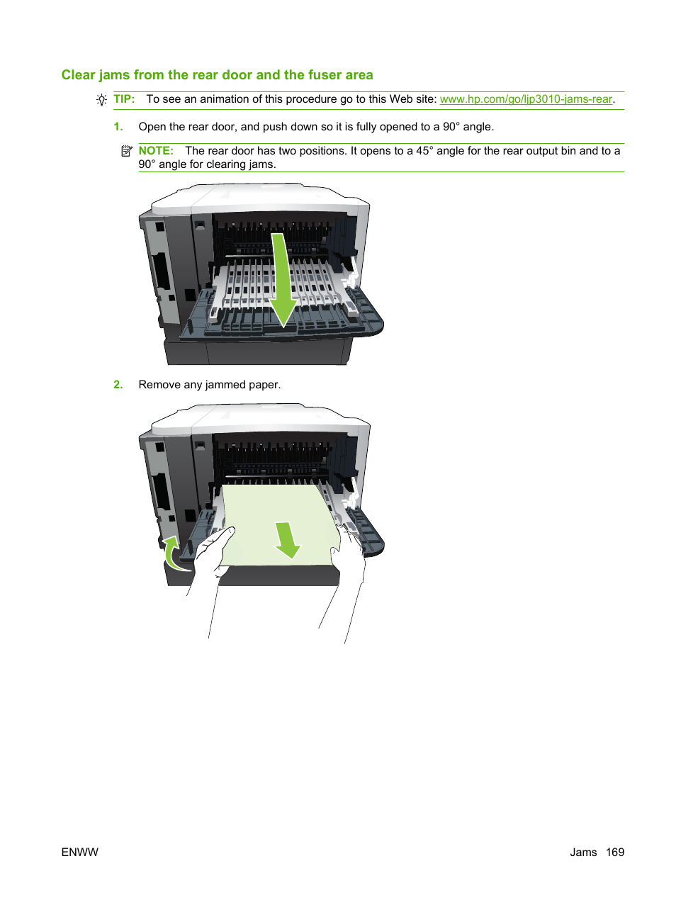 Clear jams from the rear door and the fuser area | HP Laserjet p3015 User Manual | Page 181 / 246