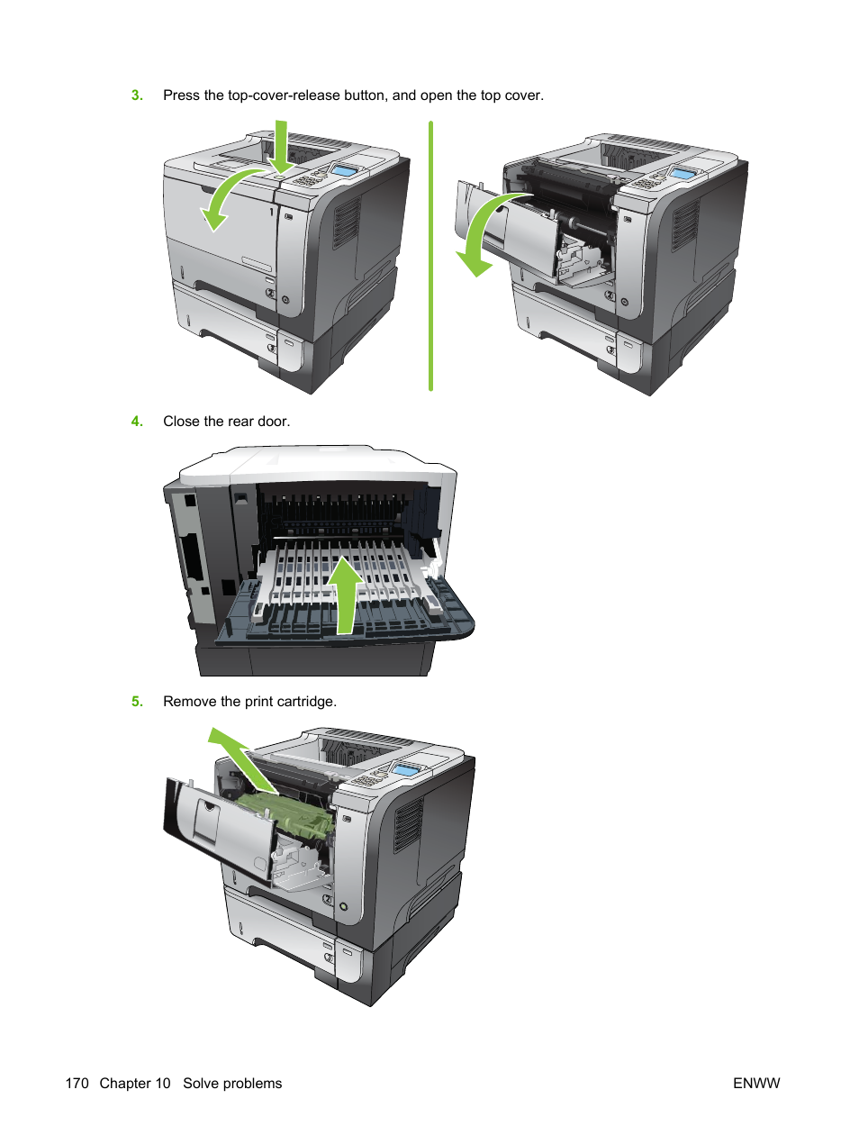 Close the rear door. 5. remove the print cartridge | HP Laserjet p3015 User Manual | Page 182 / 246