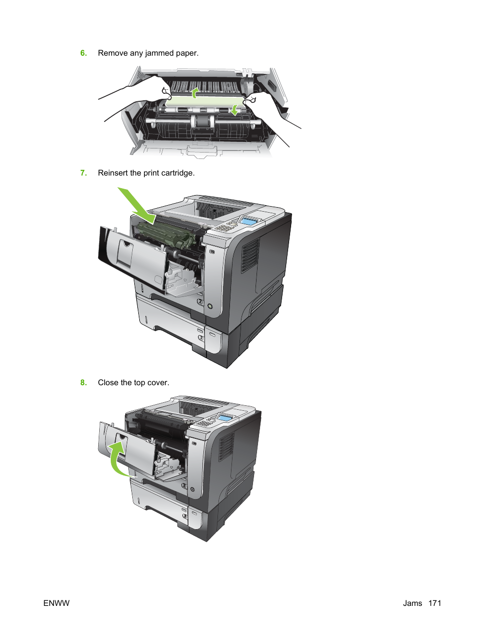 Close the top cover, Enww jams 171 | HP Laserjet p3015 User Manual | Page 183 / 246