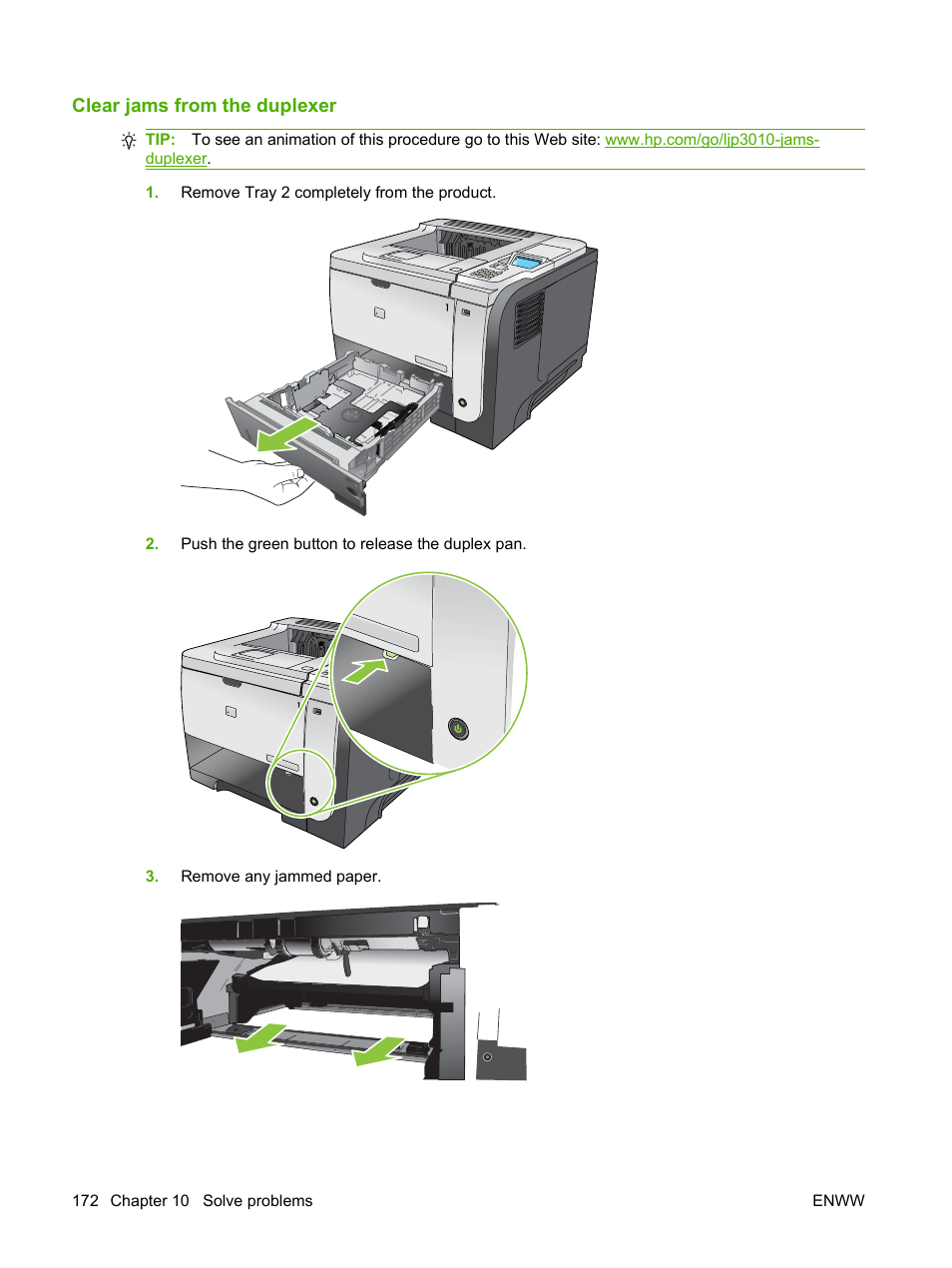 Clear jams from the duplexer | HP Laserjet p3015 User Manual | Page 184 / 246