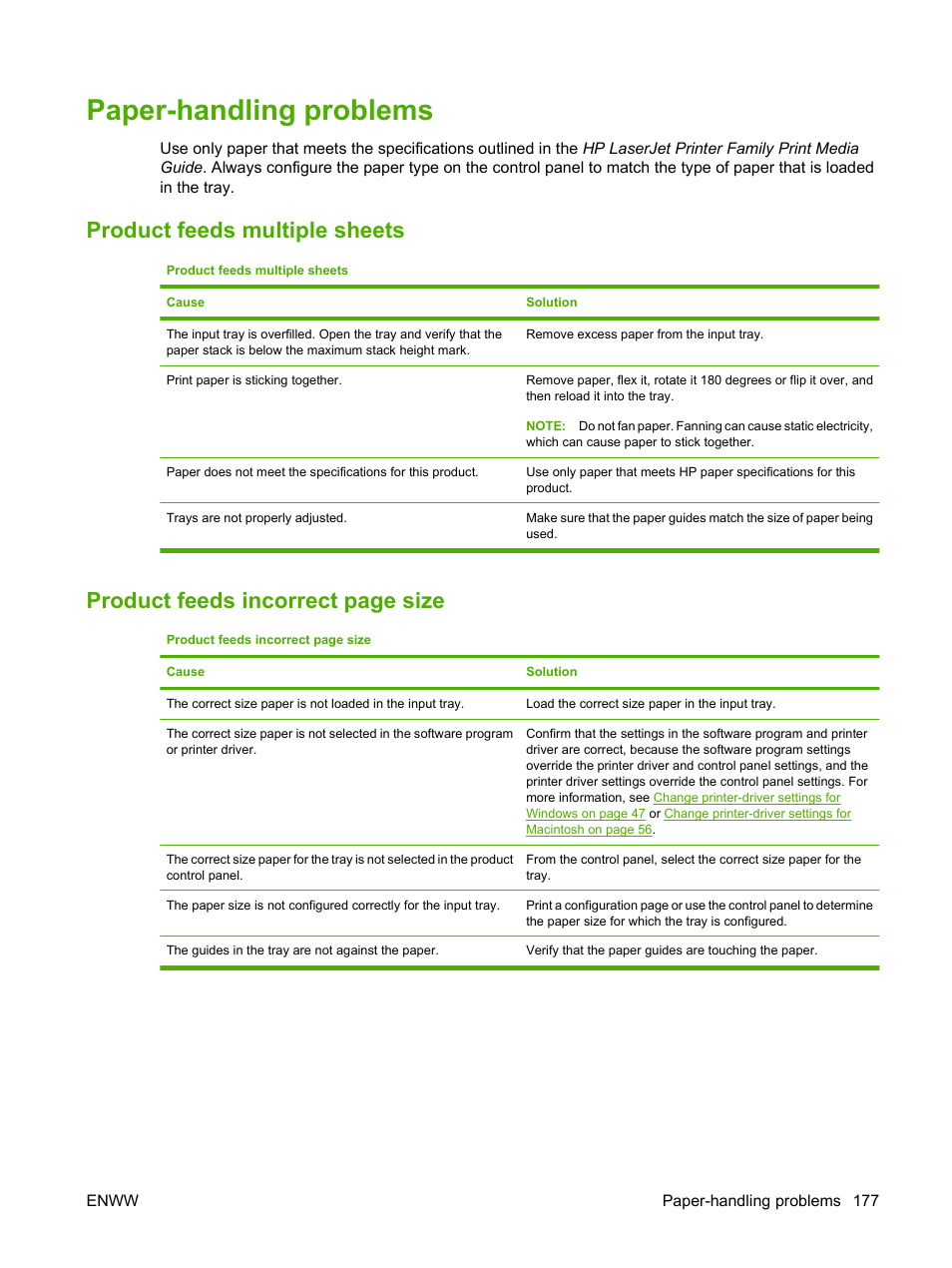 Paper-handling problems, Product feeds multiple sheets, Product feeds incorrect page size | HP Laserjet p3015 User Manual | Page 189 / 246