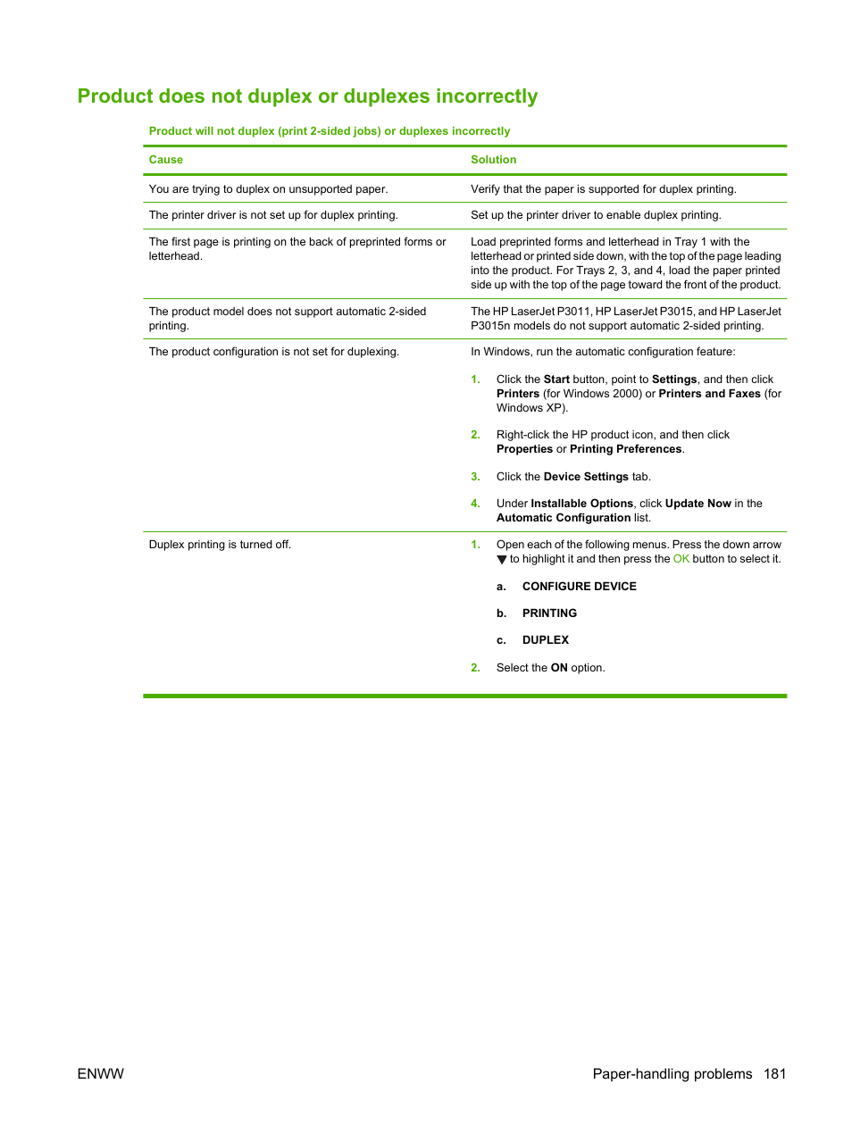 Product does not duplex or duplexes incorrectly, Enww paper-handling problems 181 | HP Laserjet p3015 User Manual | Page 193 / 246