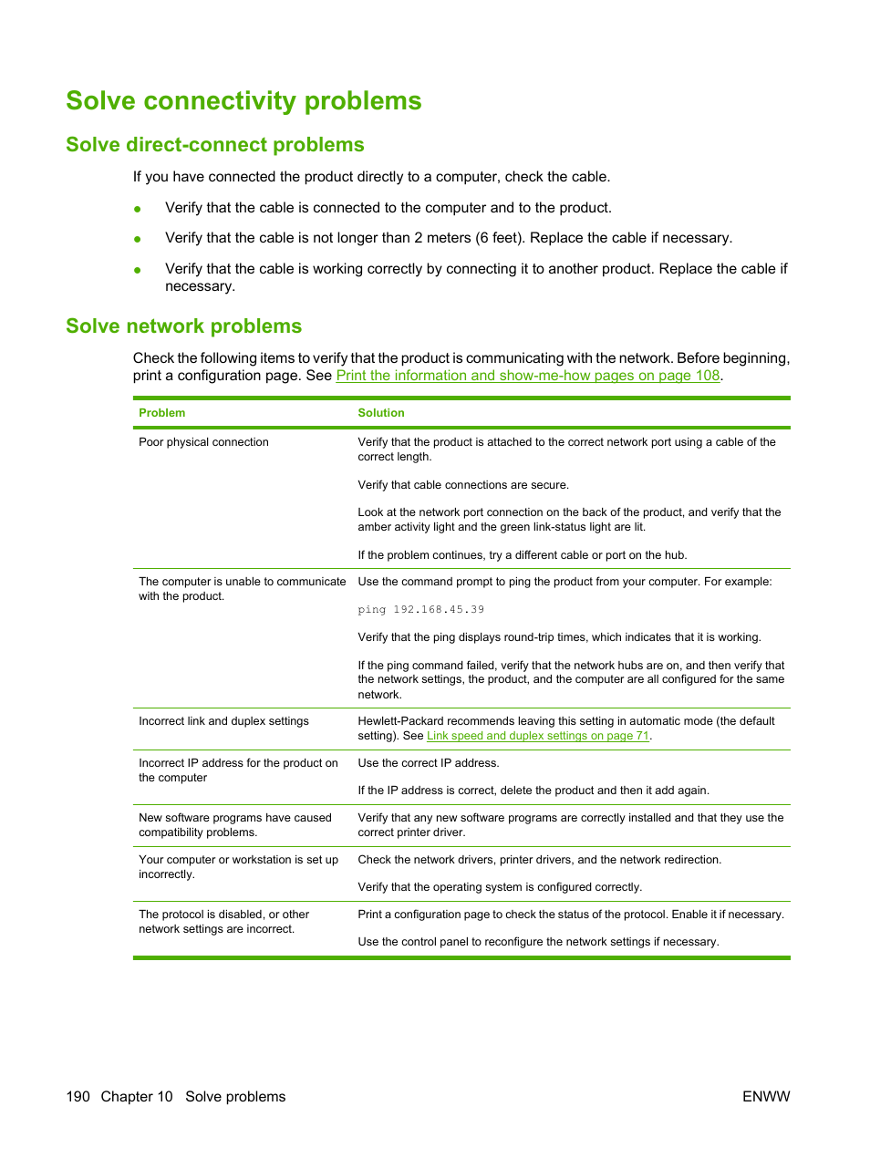 Solve connectivity problems, Solve direct-connect problems, Solve network problems | HP Laserjet p3015 User Manual | Page 202 / 246