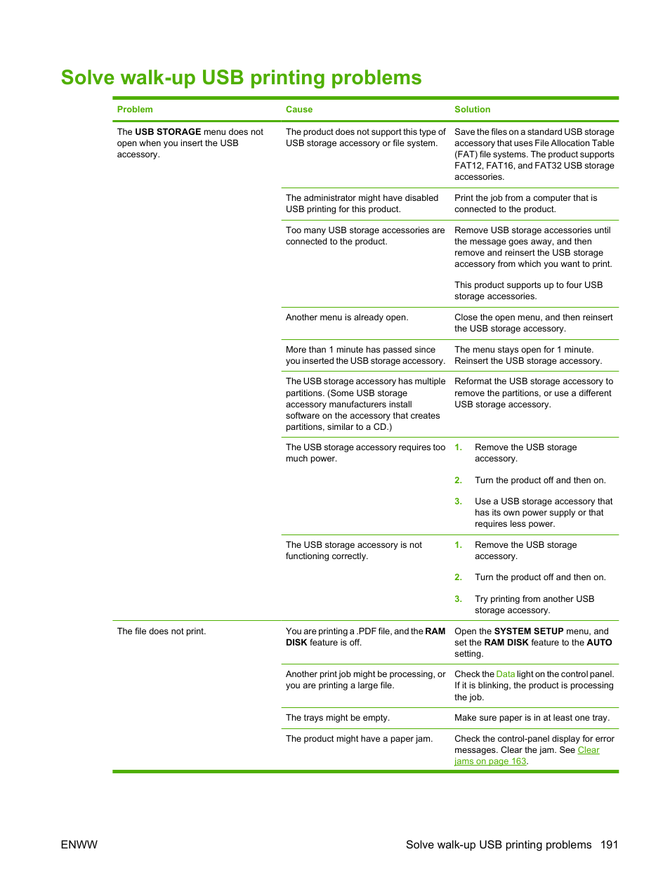 Solve walk-up usb printing problems, Enww solve walk-up usb printing problems 191 | HP Laserjet p3015 User Manual | Page 203 / 246