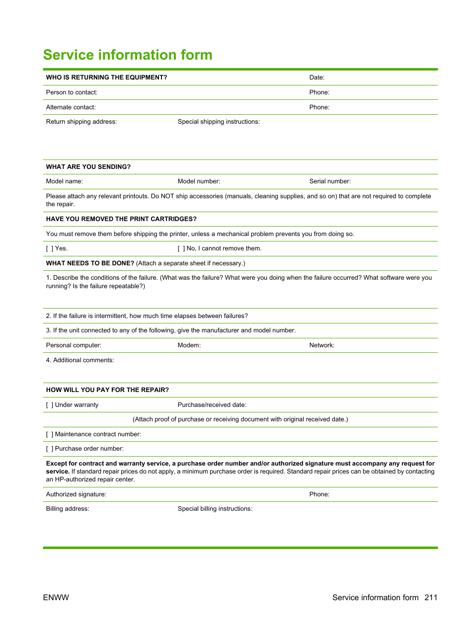 Service information form, Enww service information form 211 | HP Laserjet p3015 User Manual | Page 223 / 246