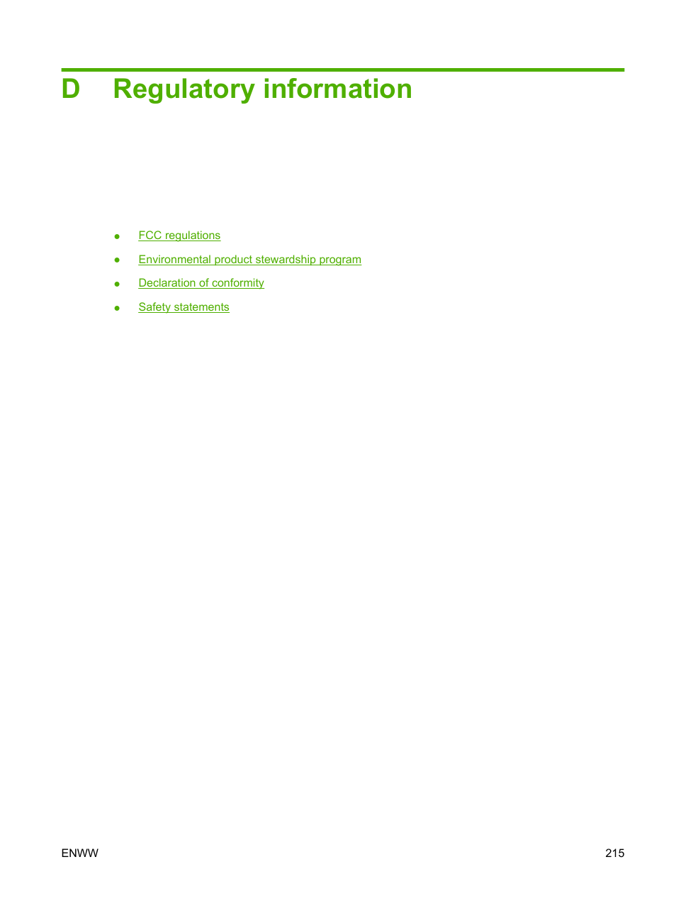 Regulatory information, Appendix d regulatory information, Dregulatory information | HP Laserjet p3015 User Manual | Page 227 / 246