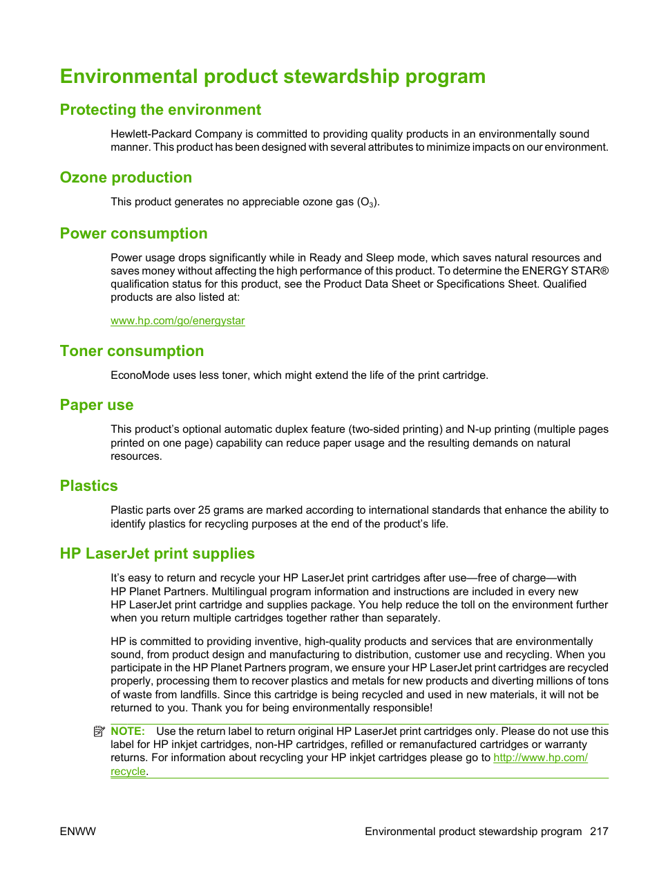 Environmental product stewardship program, Protecting the environment, Ozone production | Power consumption, Toner consumption, Paper use, Plastics, Hp laserjet print supplies | HP Laserjet p3015 User Manual | Page 229 / 246