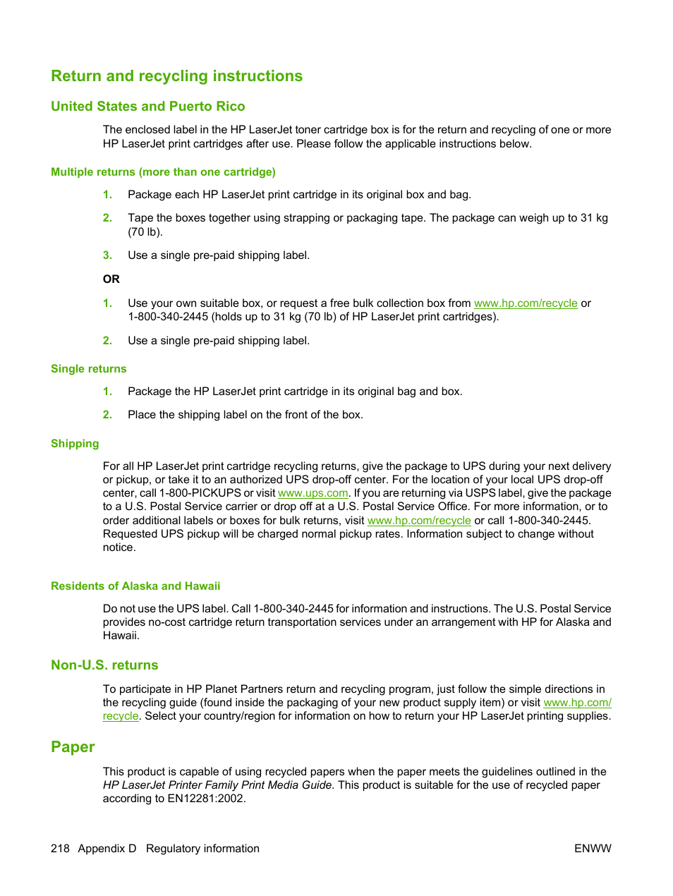 Return and recycling instructions, United states and puerto rico, Multiple returns (more than one cartridge) | Single returns, Shipping, Residents of alaska and hawaii, Non-u.s. returns, Paper | HP Laserjet p3015 User Manual | Page 230 / 246