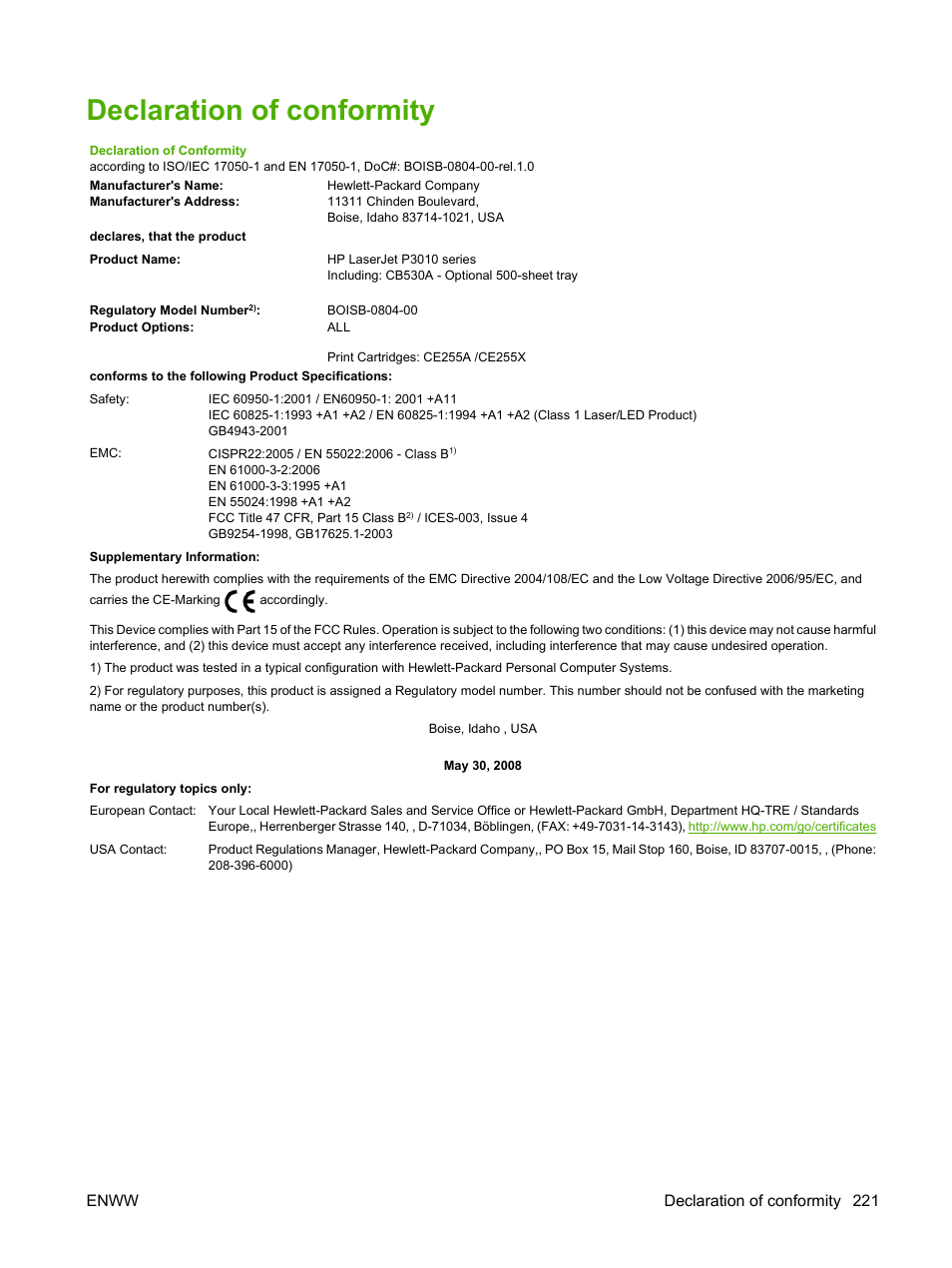 Declaration of conformity, Enww declaration of conformity 221 | HP Laserjet p3015 User Manual | Page 233 / 246