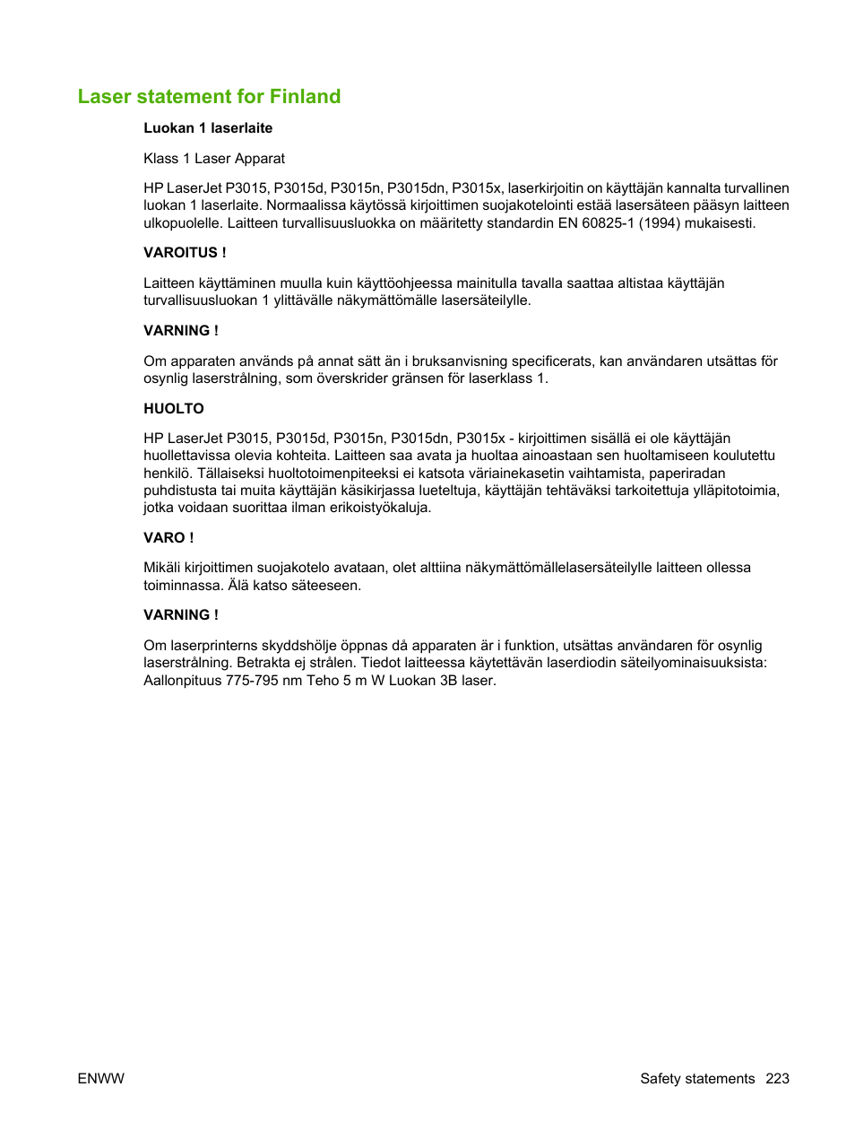 Laser statement for finland | HP Laserjet p3015 User Manual | Page 235 / 246