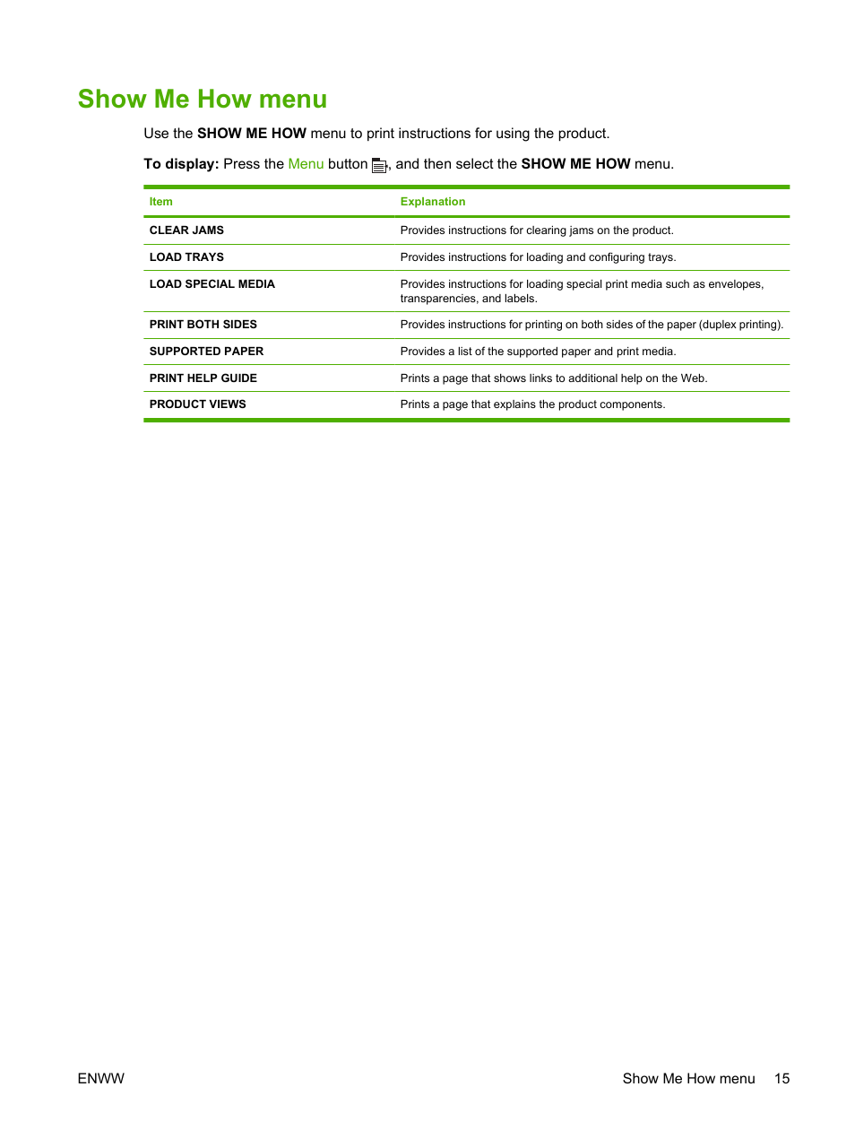 Show me how menu | HP Laserjet p3015 User Manual | Page 27 / 246