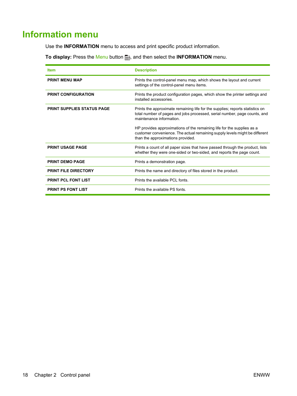 Information menu | HP Laserjet p3015 User Manual | Page 30 / 246