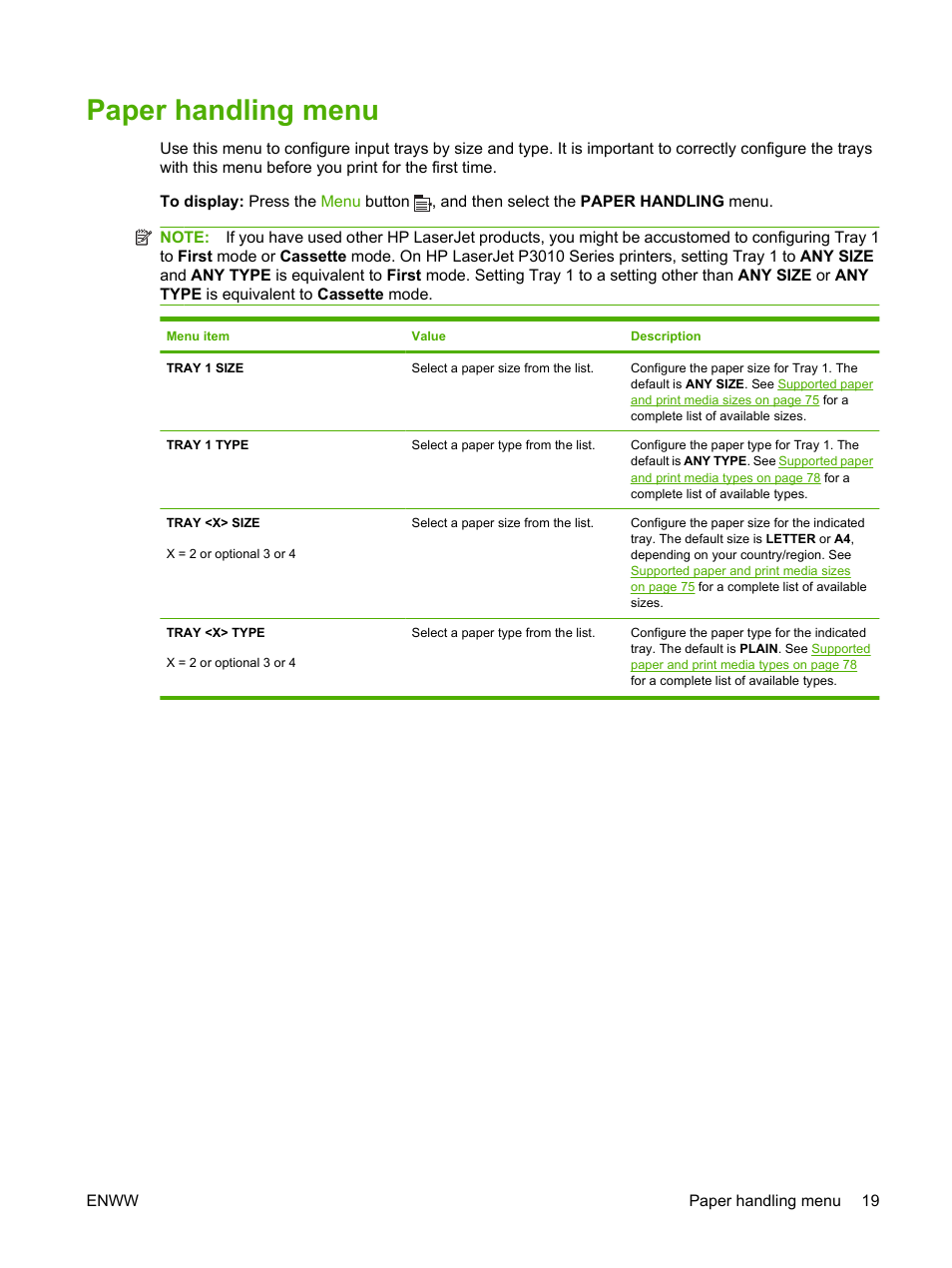 Paper handling menu | HP Laserjet p3015 User Manual | Page 31 / 246