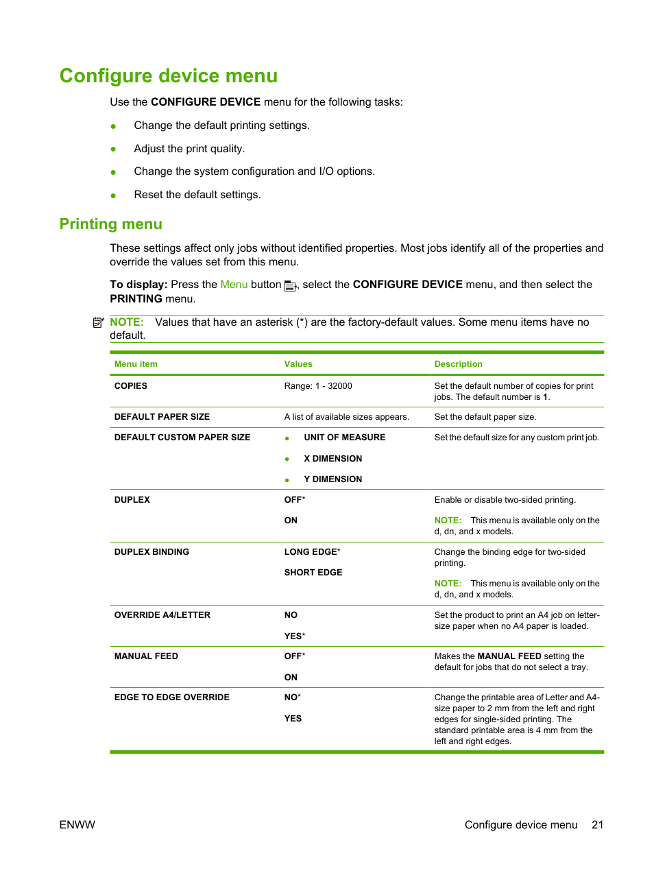 Configure device menu, Printing menu | HP Laserjet p3015 User Manual | Page 33 / 246