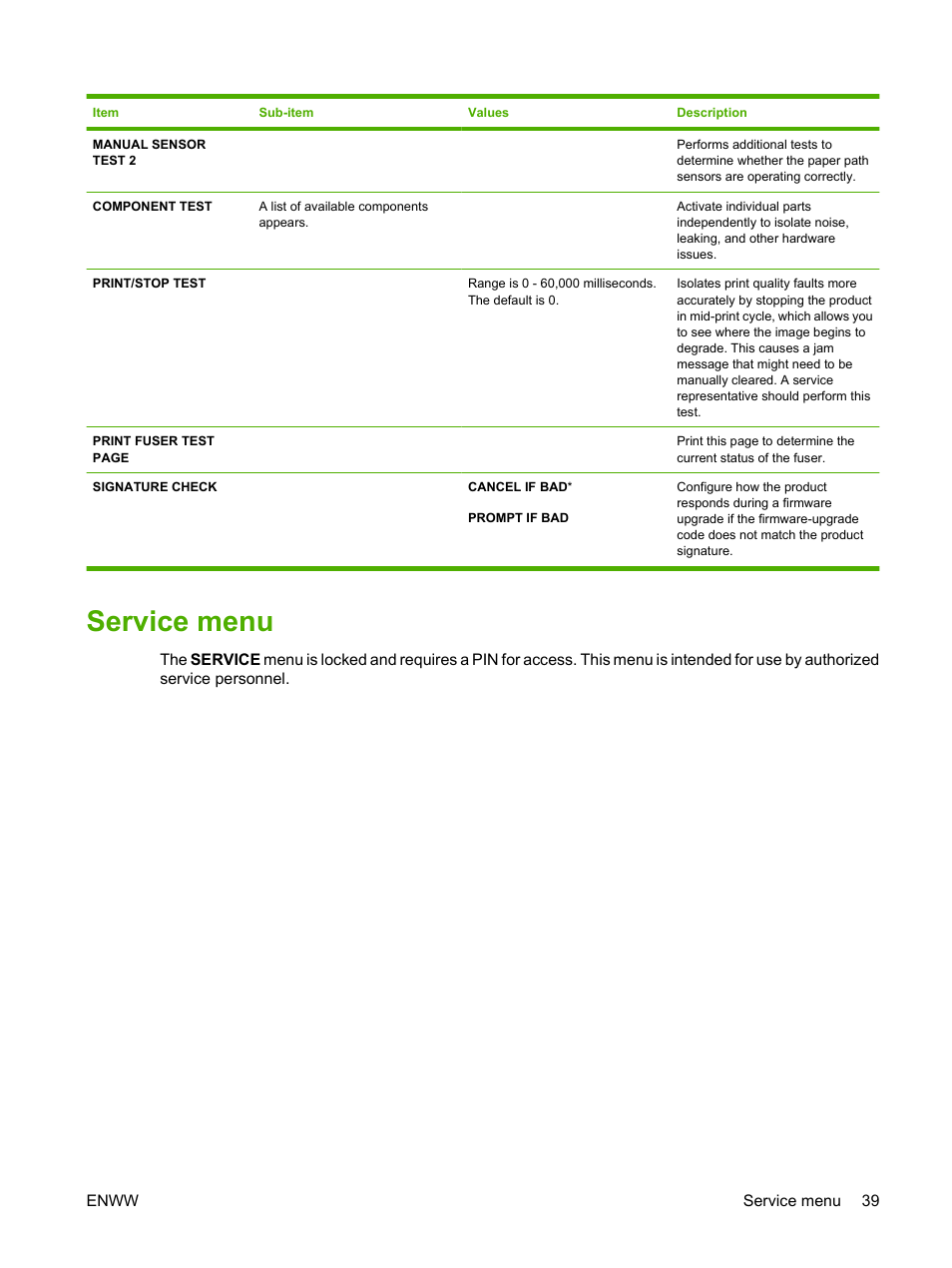 Service menu | HP Laserjet p3015 User Manual | Page 51 / 246