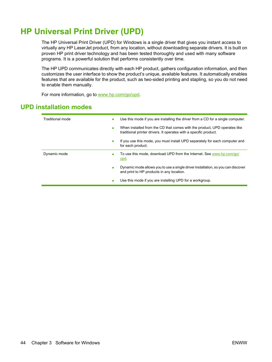 Hp universal print driver (upd), Upd installation modes | HP Laserjet p3015 User Manual | Page 56 / 246