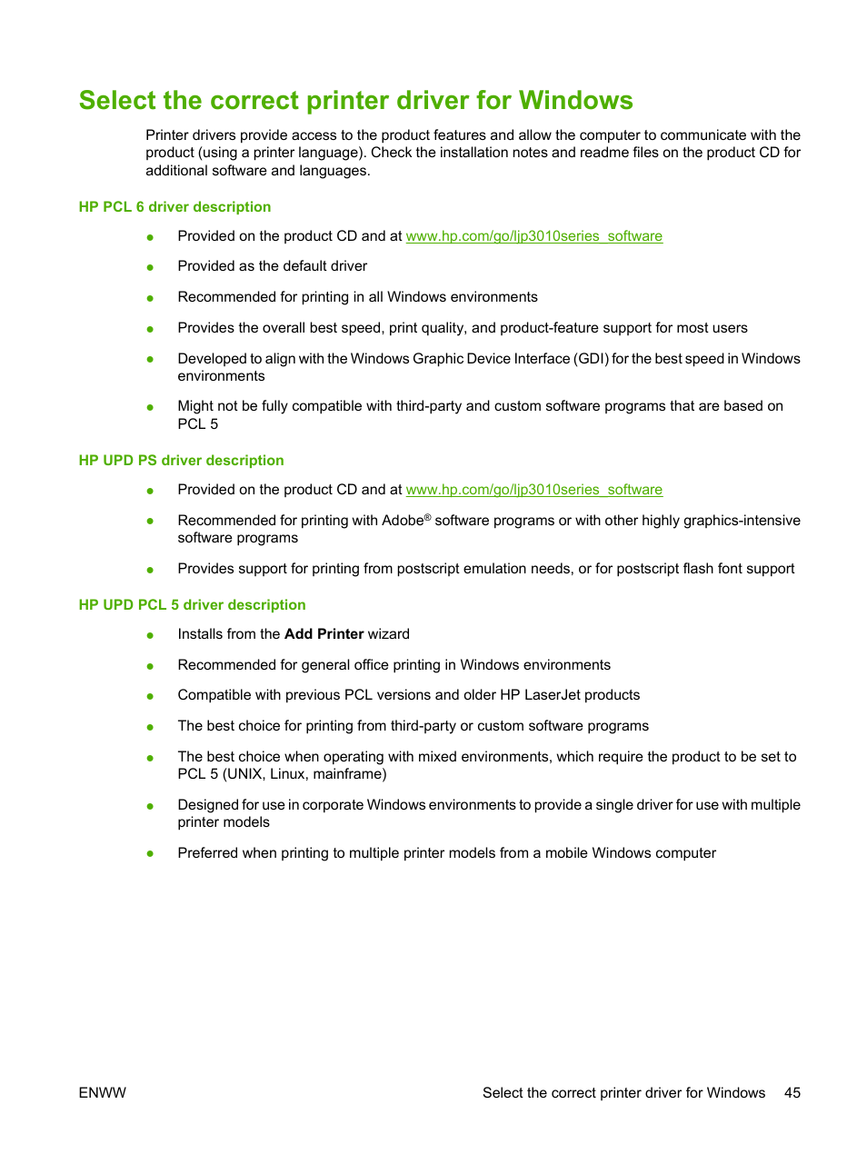 Select the correct printer driver for windows | HP Laserjet p3015 User Manual | Page 57 / 246