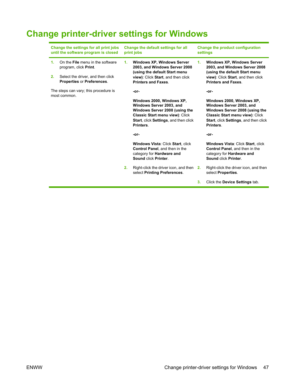 Change printer-driver settings for windows | HP Laserjet p3015 User Manual | Page 59 / 246