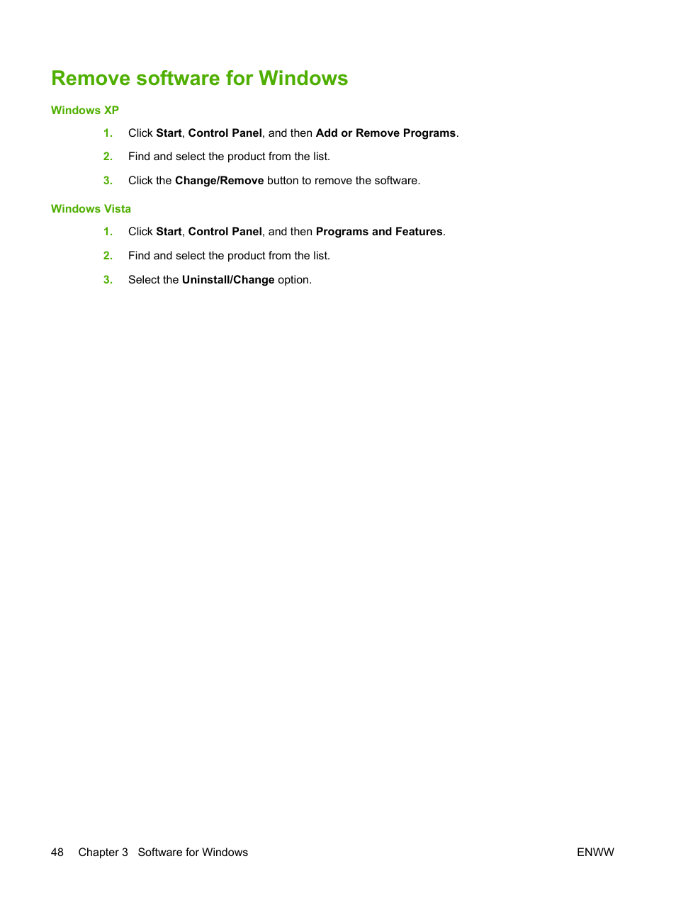 Remove software for windows | HP Laserjet p3015 User Manual | Page 60 / 246