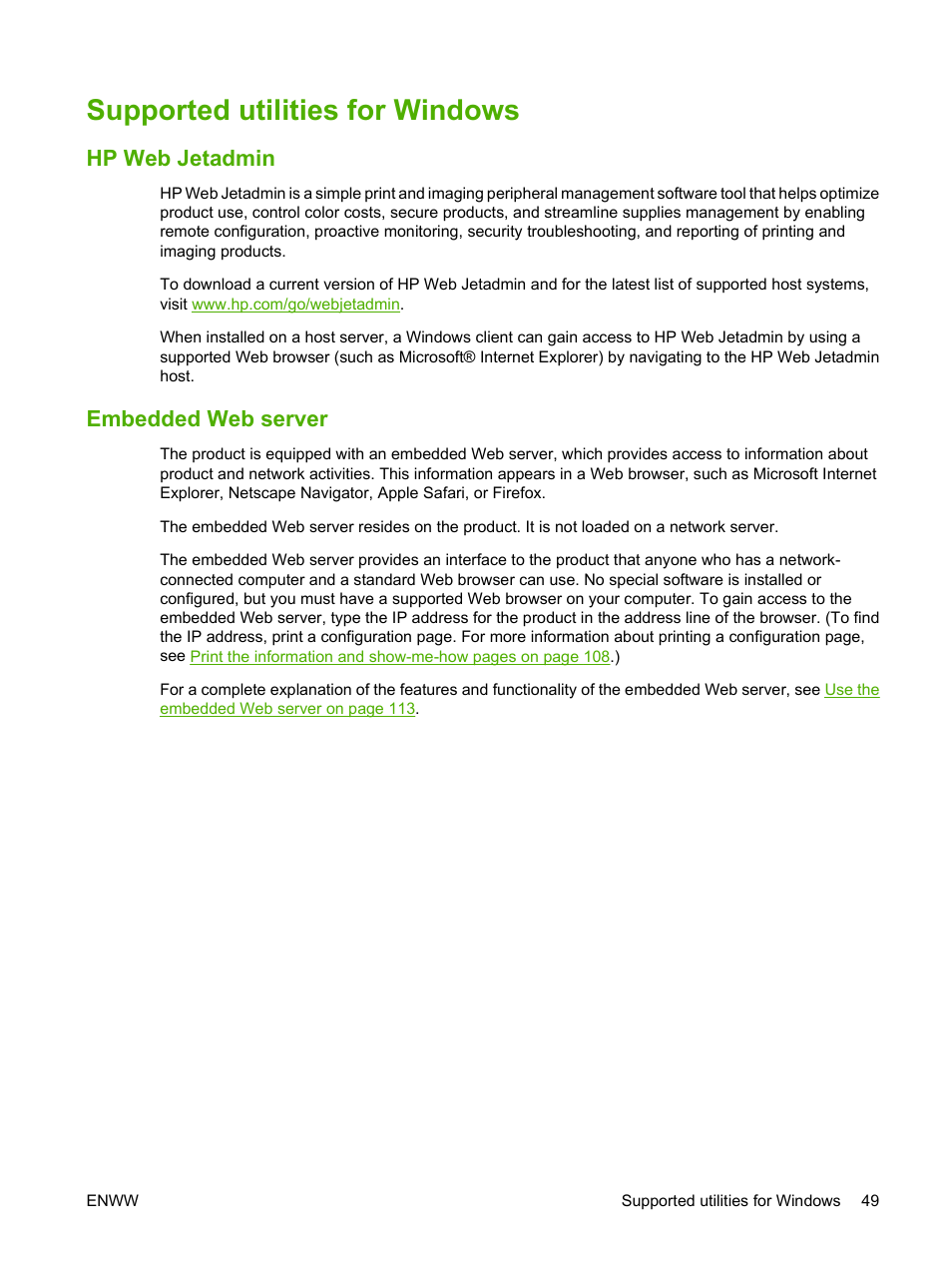 Supported utilities for windows, Hp web jetadmin, Embedded web server | Hp web jetadmin embedded web server | HP Laserjet p3015 User Manual | Page 61 / 246