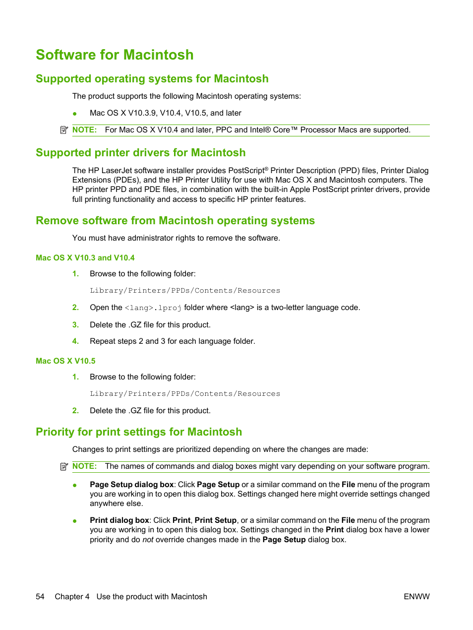 Software for macintosh, Supported operating systems for macintosh, Supported printer drivers for macintosh | Remove software from macintosh operating systems, Priority for print settings for macintosh | HP Laserjet p3015 User Manual | Page 66 / 246