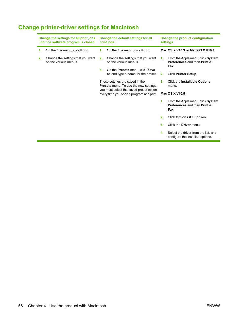 Change printer-driver settings for macintosh, Change printer-driver | HP Laserjet p3015 User Manual | Page 68 / 246