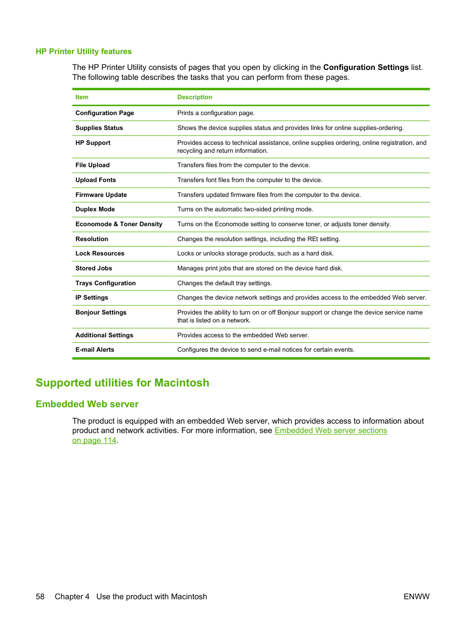 Hp printer utility features, Supported utilities for macintosh, Embedded web server | HP Laserjet p3015 User Manual | Page 70 / 246