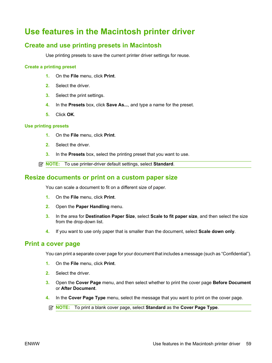 Use features in the macintosh printer driver, Create and use printing presets in macintosh, Resize documents or print on a custom paper size | Print a cover page | HP Laserjet p3015 User Manual | Page 71 / 246