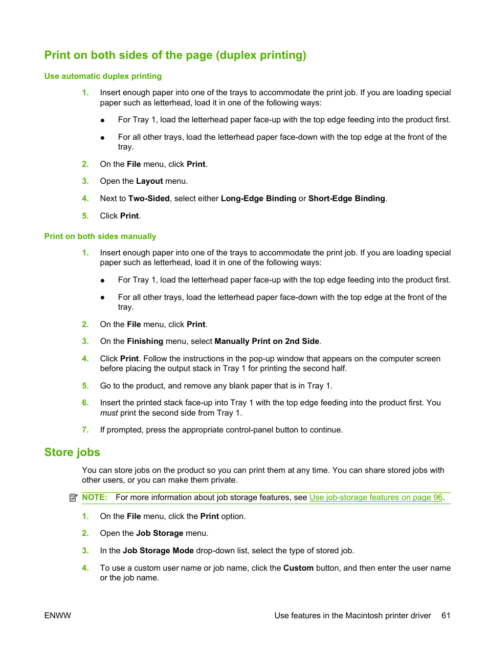 Store jobs, Print on both sides of the page (duplex printing) | HP Laserjet p3015 User Manual | Page 73 / 246