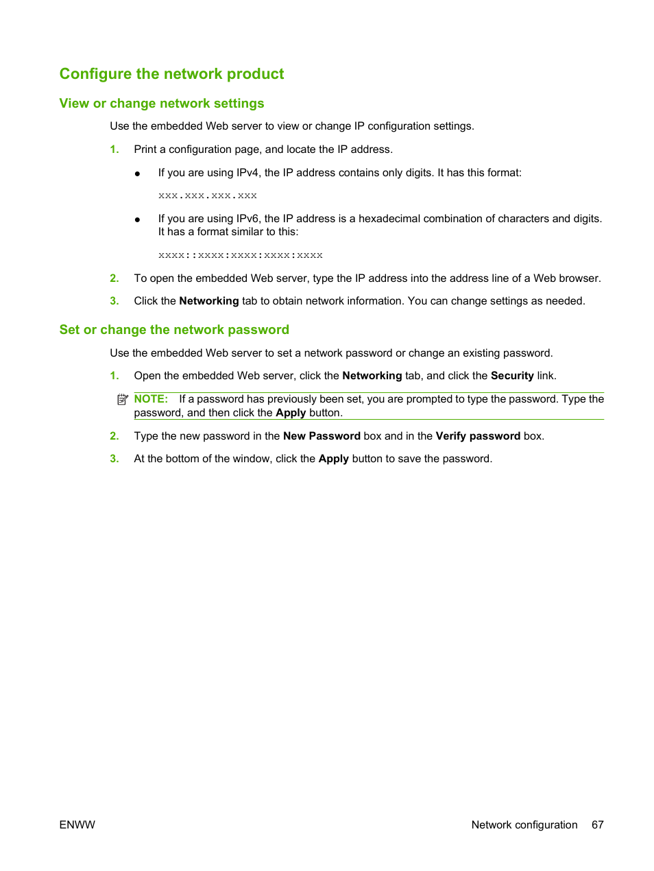 Configure the network product, View or change network settings, Set or change the network password | HP Laserjet p3015 User Manual | Page 79 / 246