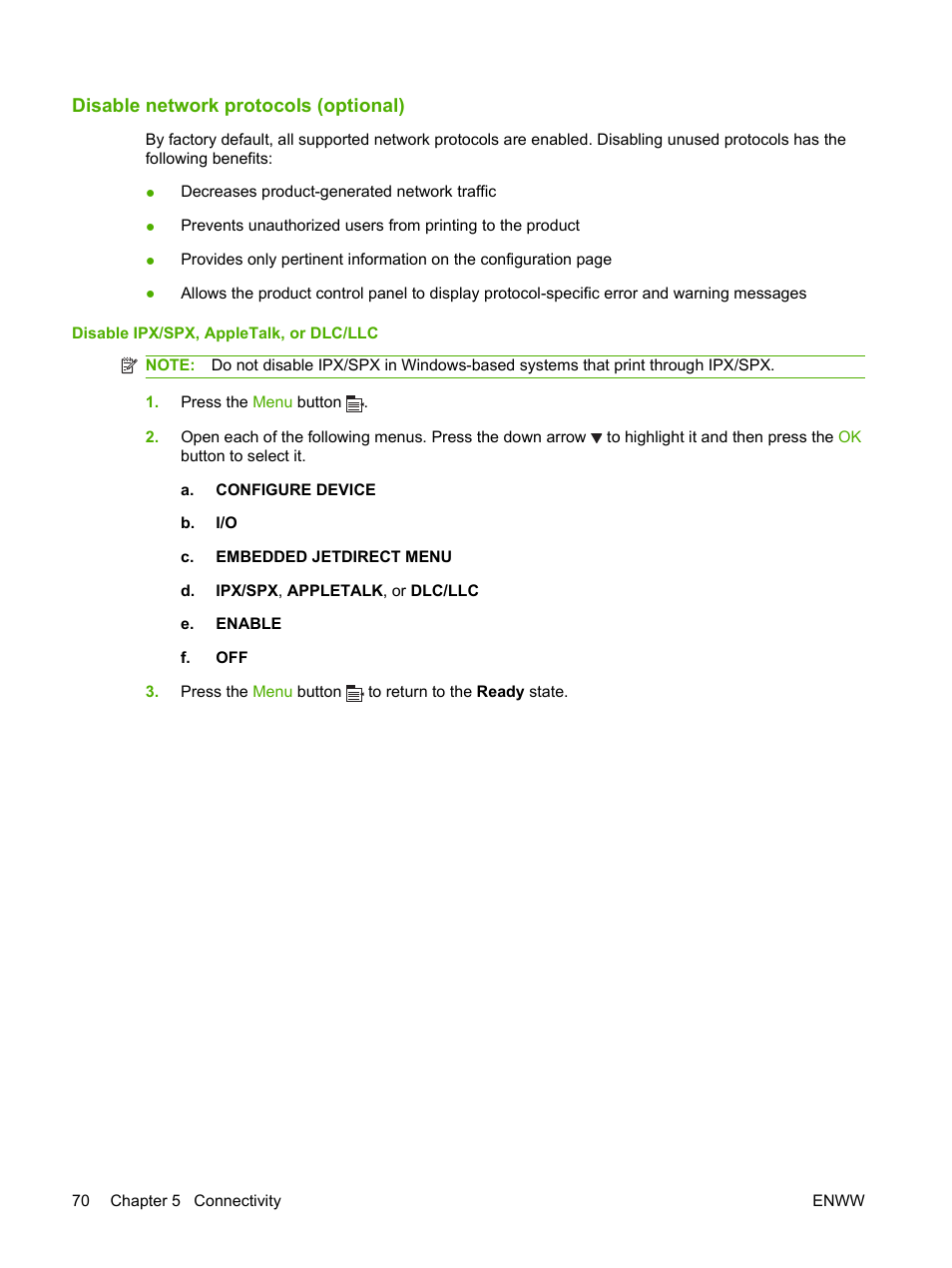Disable network protocols (optional), Disable ipx/spx, appletalk, or dlc/llc | HP Laserjet p3015 User Manual | Page 82 / 246