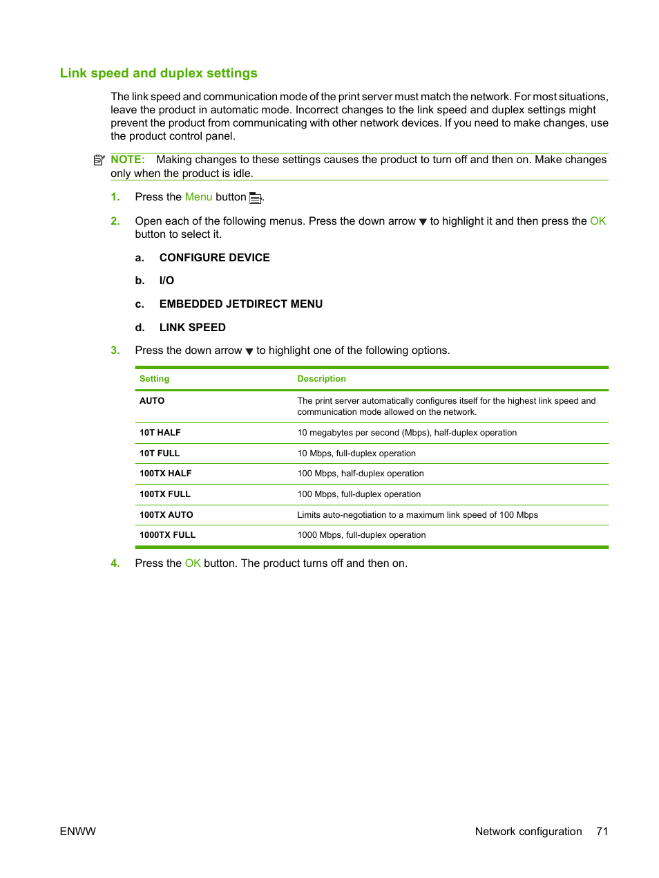 Link speed and duplex settings | HP Laserjet p3015 User Manual | Page 83 / 246