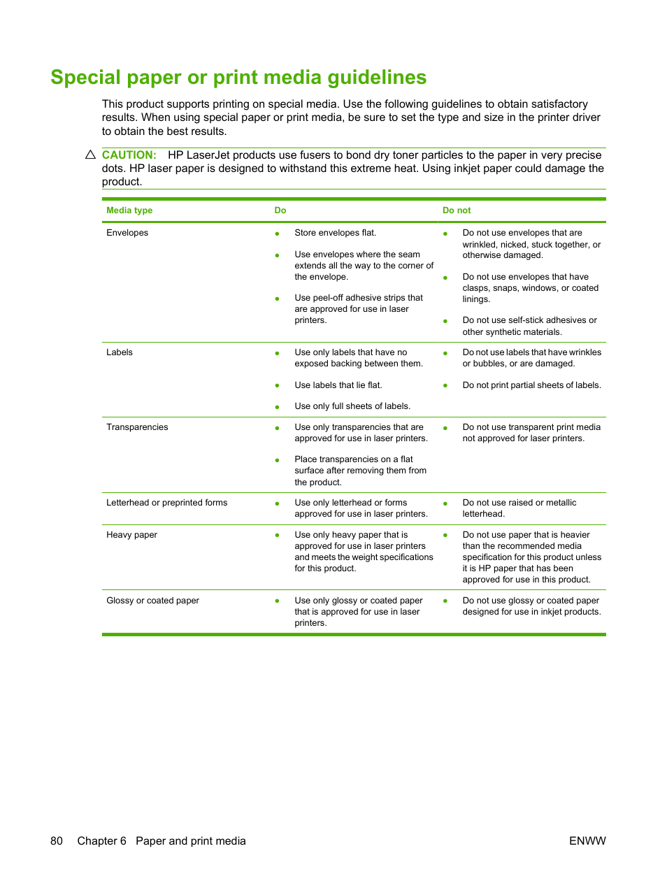 Special paper or print media guidelines | HP Laserjet p3015 User Manual | Page 92 / 246