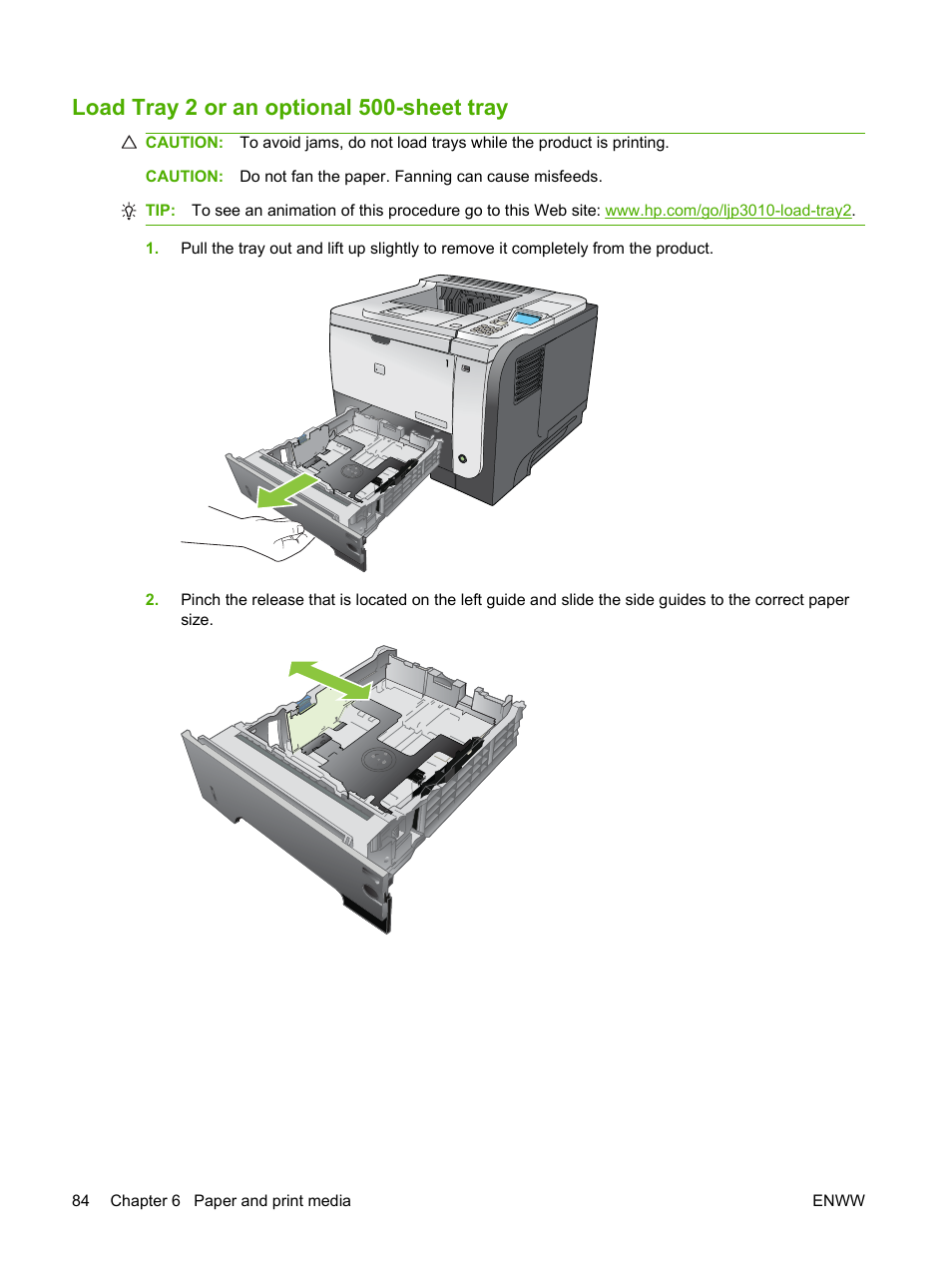 Load tray 2 or an optional 500-sheet tray | HP Laserjet p3015 User Manual | Page 96 / 246