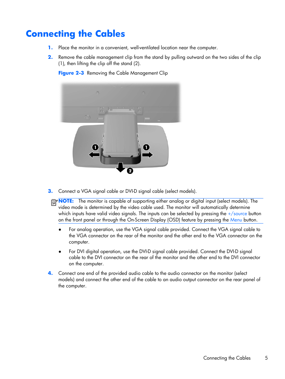 Connecting the cables | HP ProDisplay P201 20-inch LED Backlit Monitor User Manual | Page 11 / 23